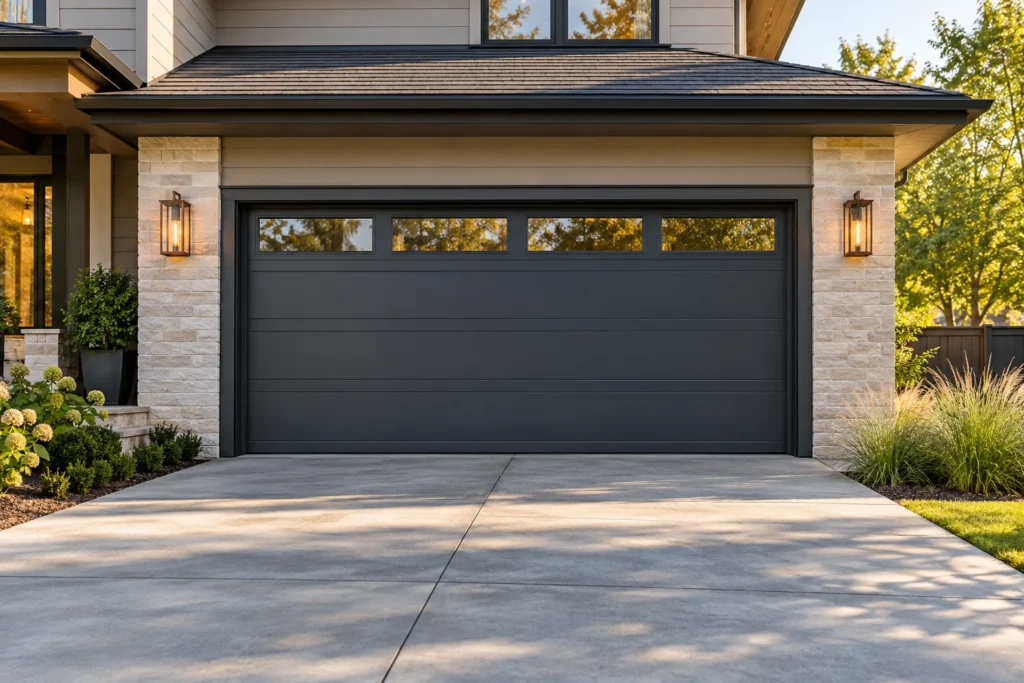 Charcoal sectional garage door with upper windows